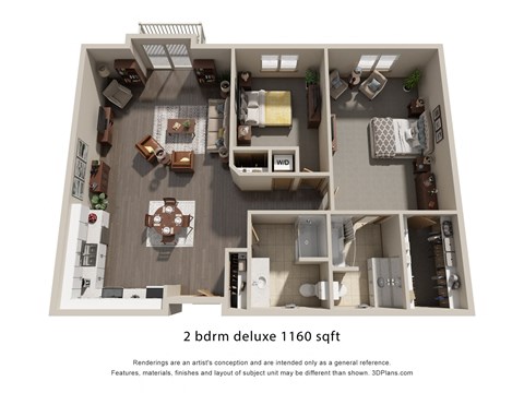 Floor plan for 2 beds, 2 baths, 1160 sqft